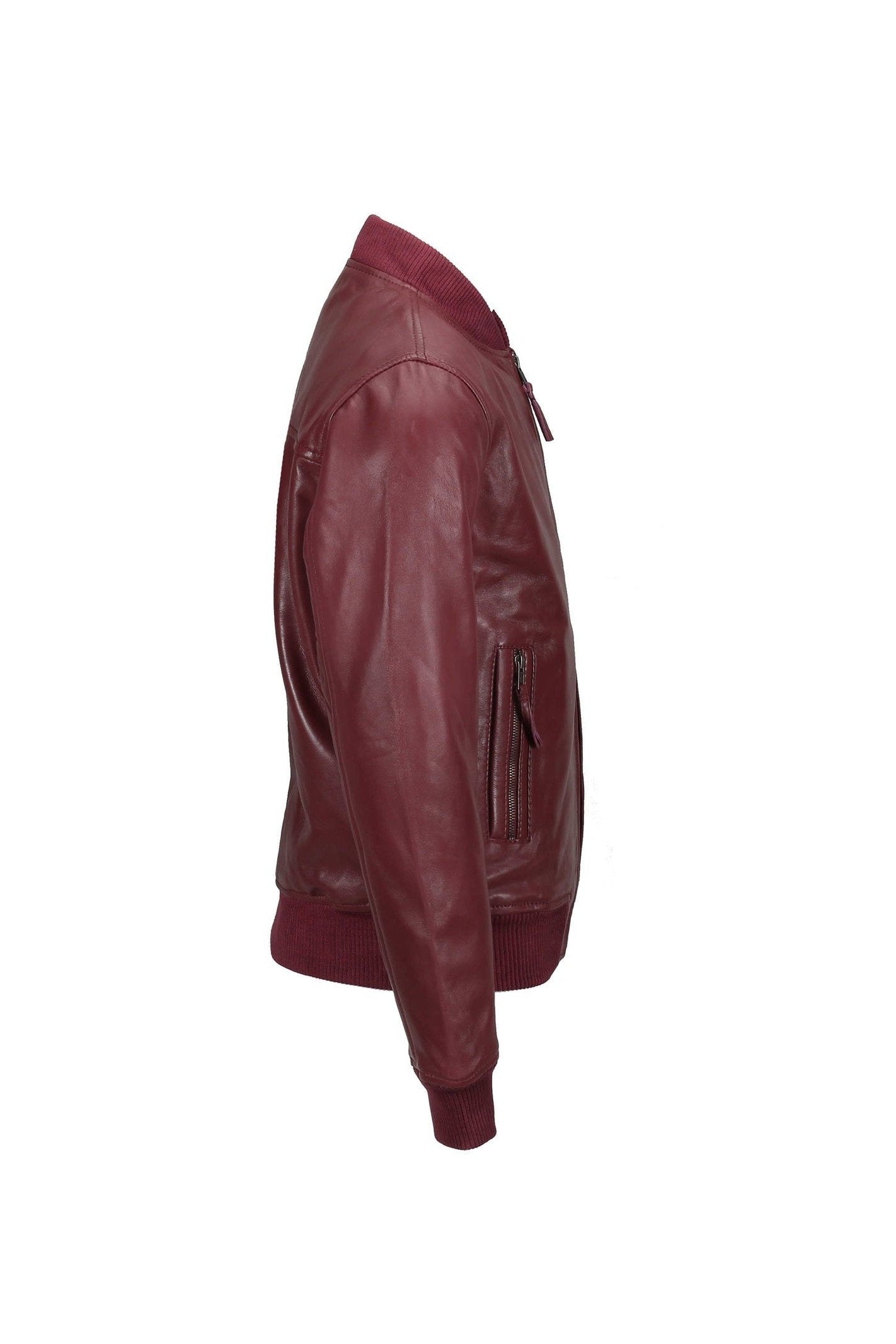 BOMBER NO COLLAR MAROON LEATHER JACKET