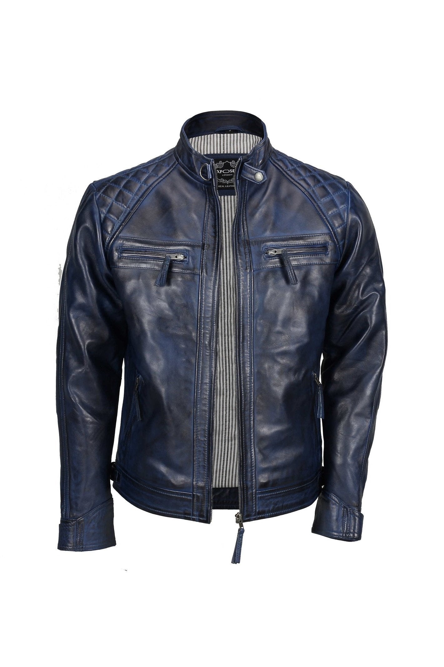 QUILTED BLUE BIKER LEATHER JACKET