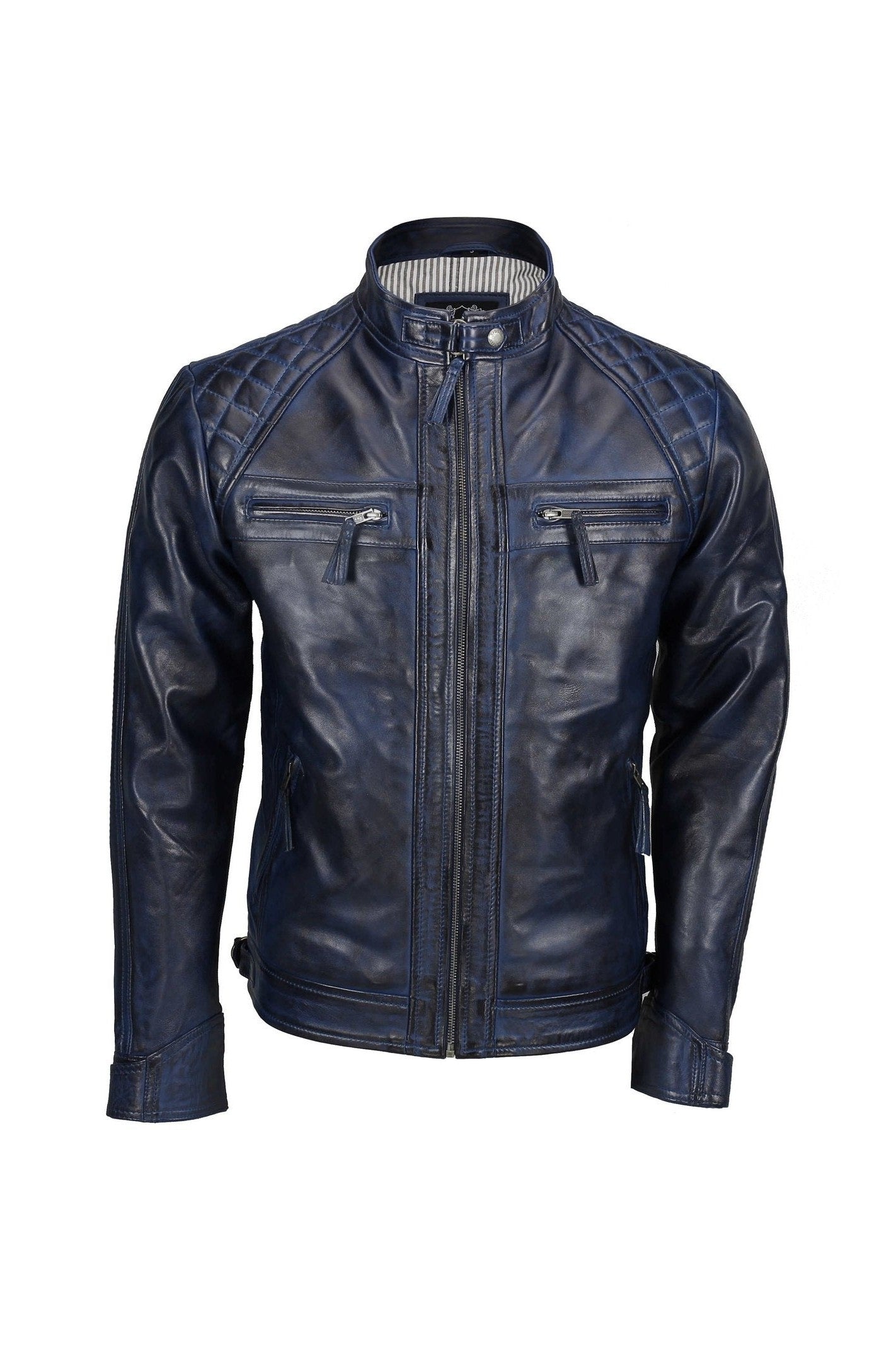 QUILTED BLUE BIKER LEATHER JACKET