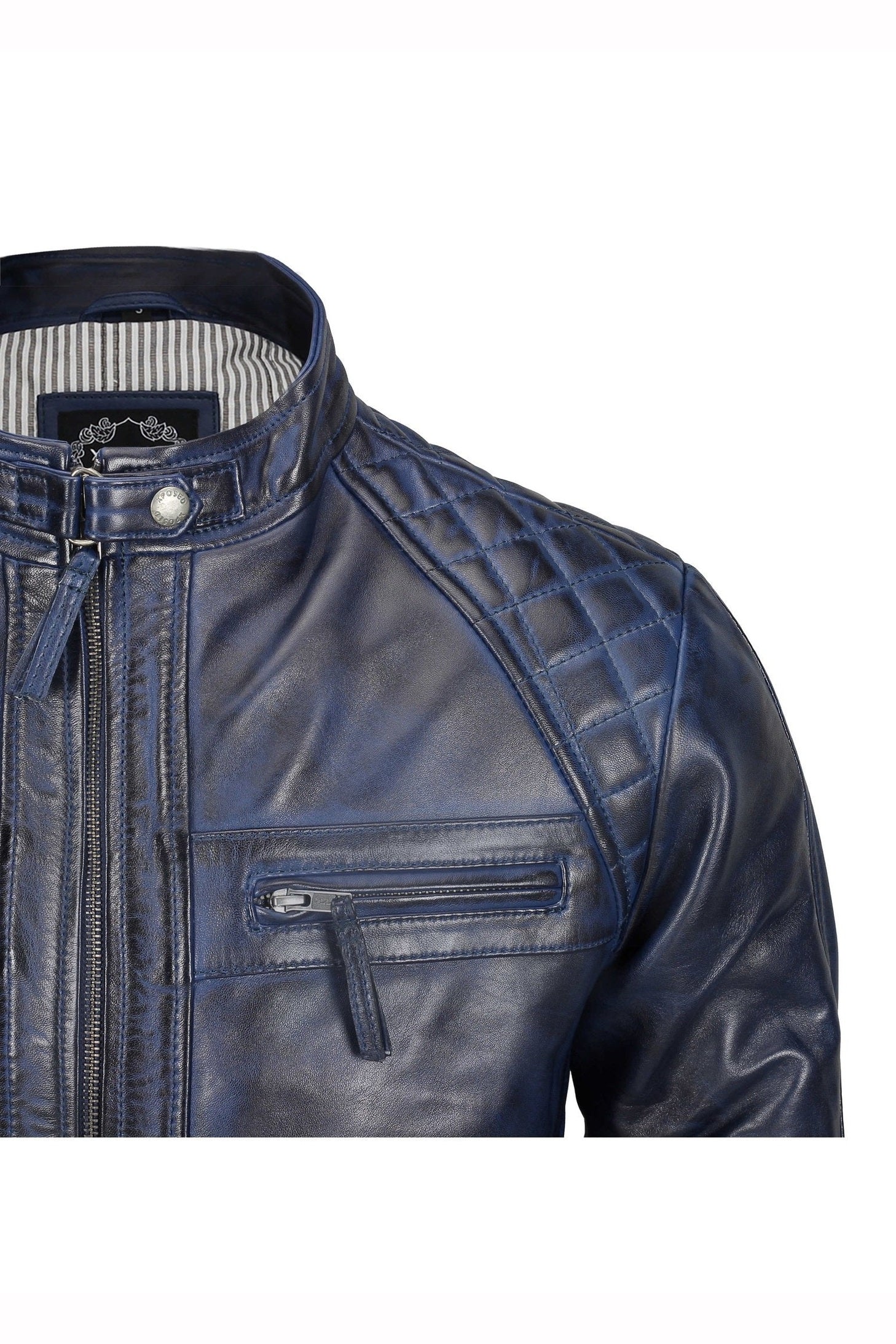 QUILTED BLUE BIKER LEATHER JACKET
