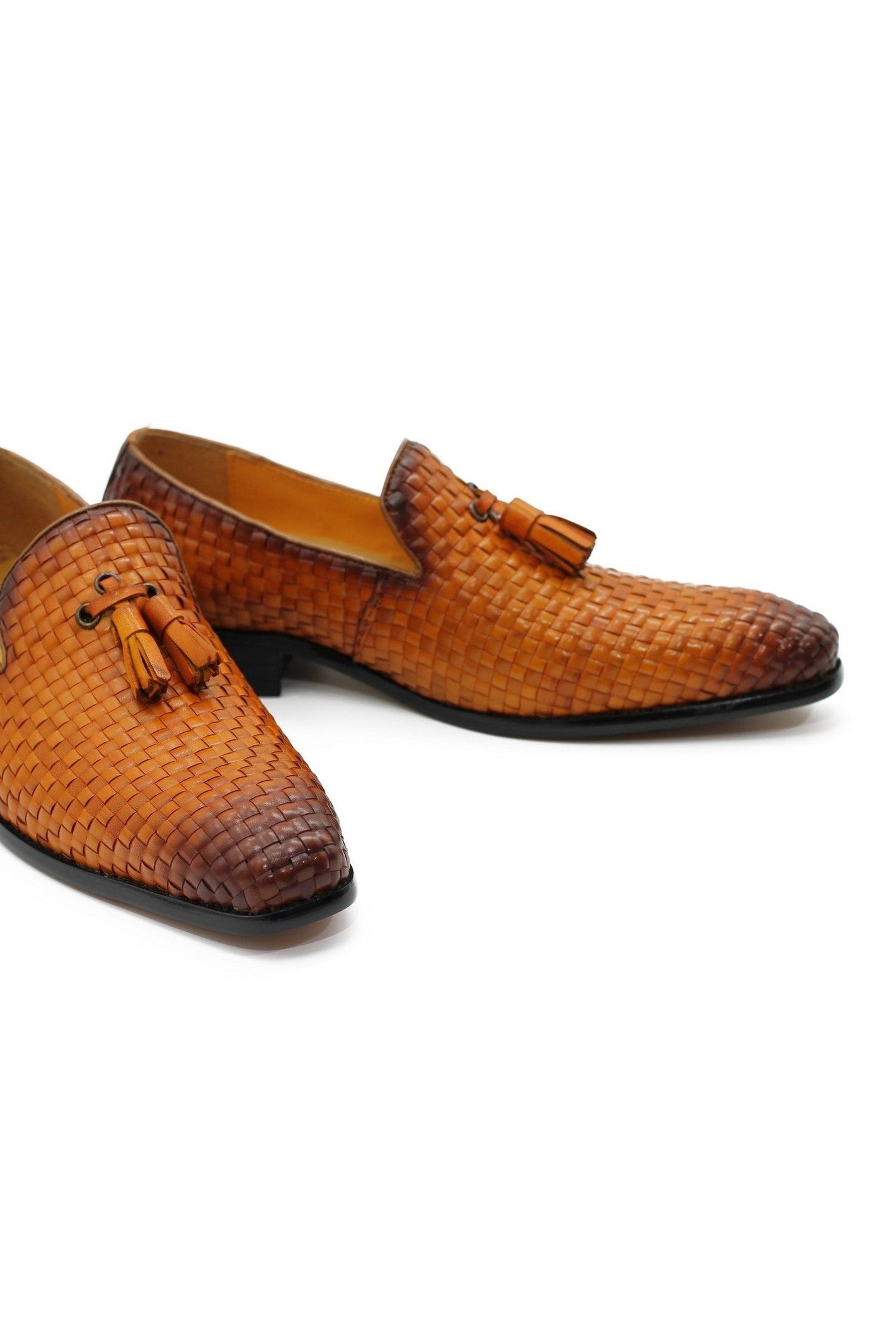 TAN WOVEN LEATHER TASSEL LOAFERS