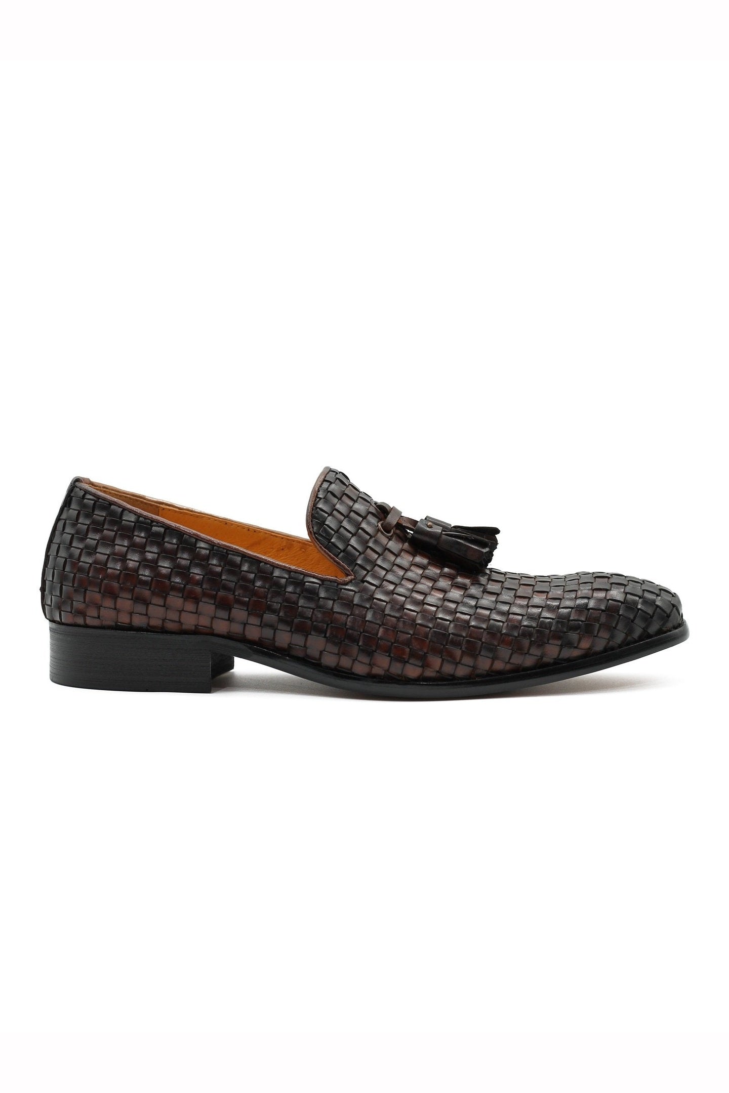 BROWN WOVEN LEATHER TASSEL LOAFERS
