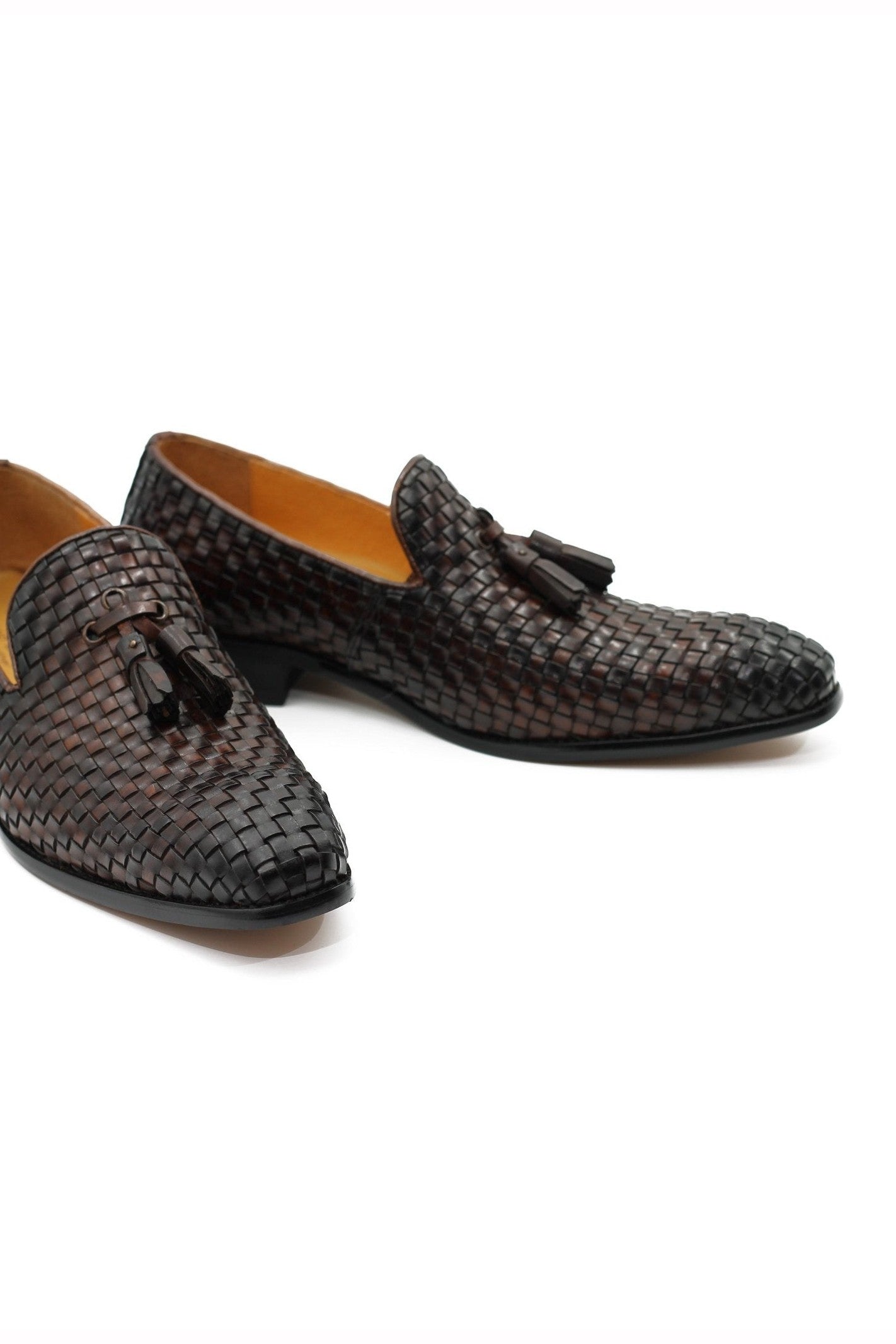 BROWN WOVEN LEATHER TASSEL LOAFERS