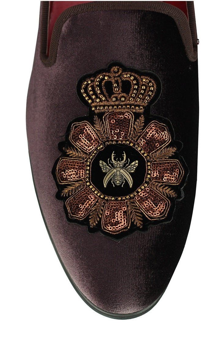 FAUX LEATHER EMBROIDERED VELVET LOAFERS