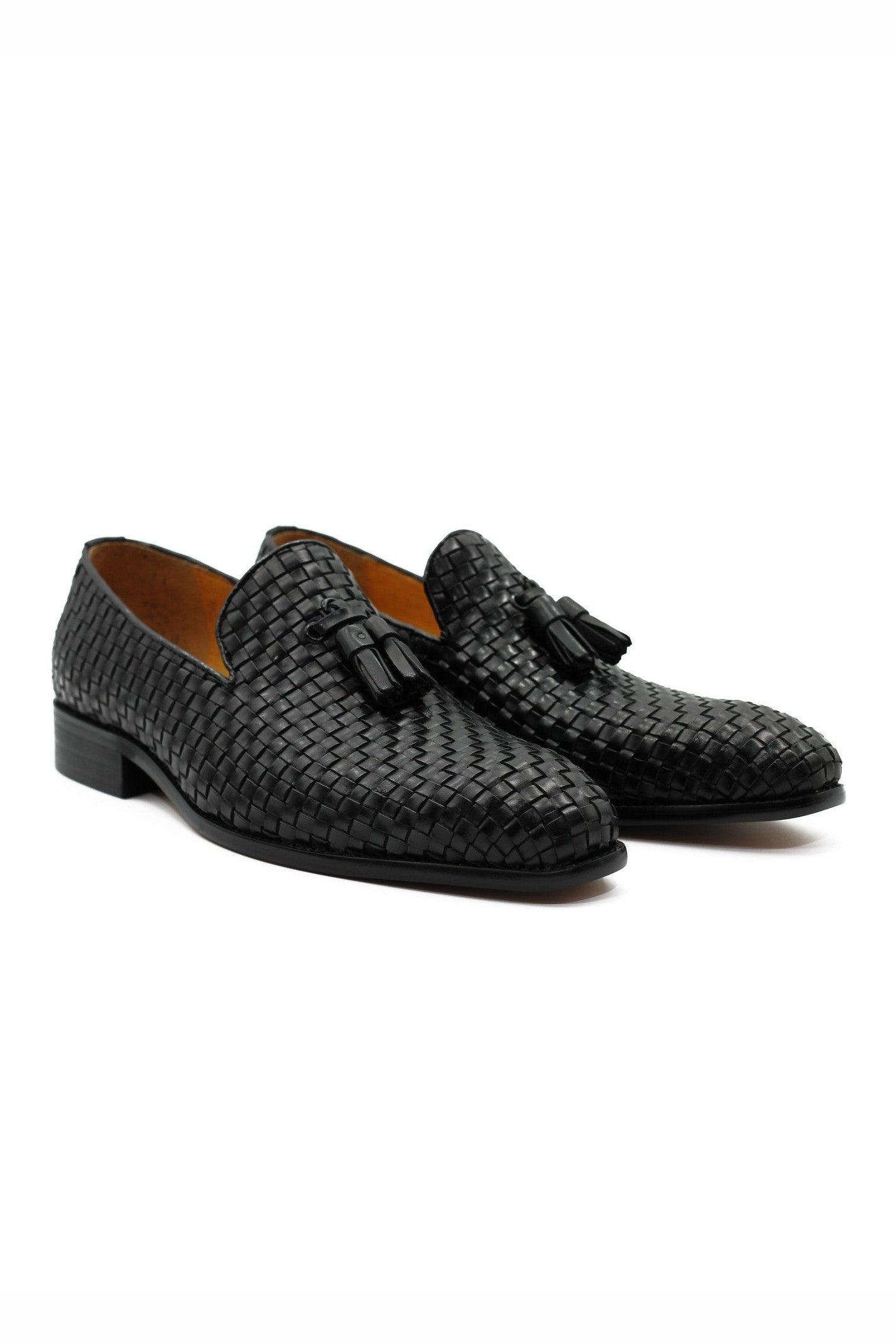 BLACK WOVEN LEATHER TASSEL LOAFERS