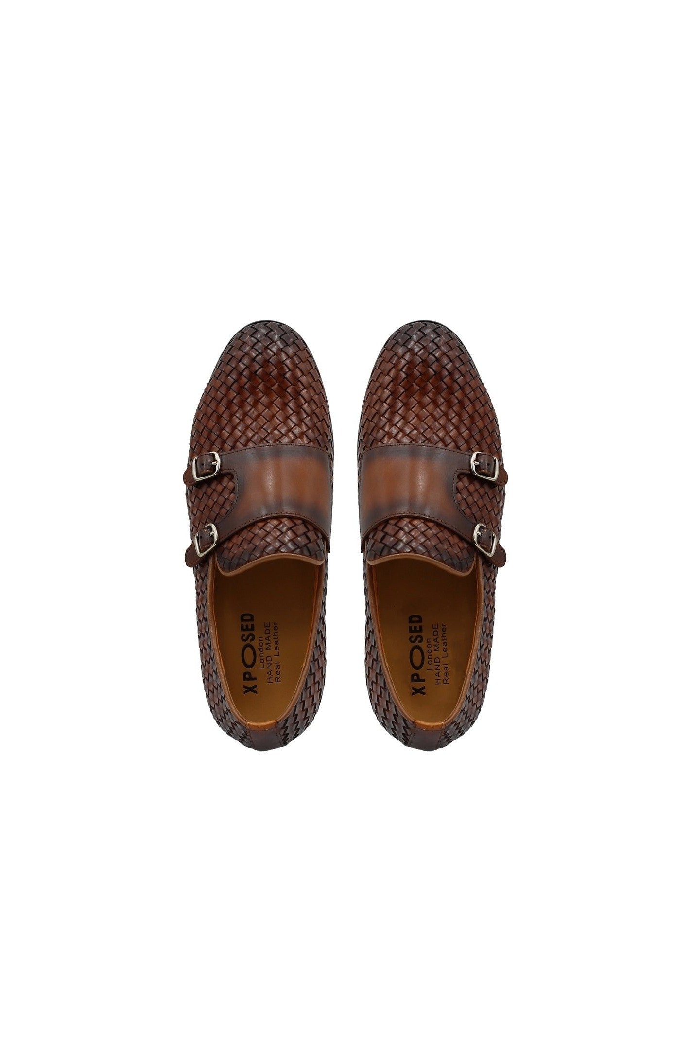 BROWN WOVEN LEATHER DOUBLE MONK SHOES