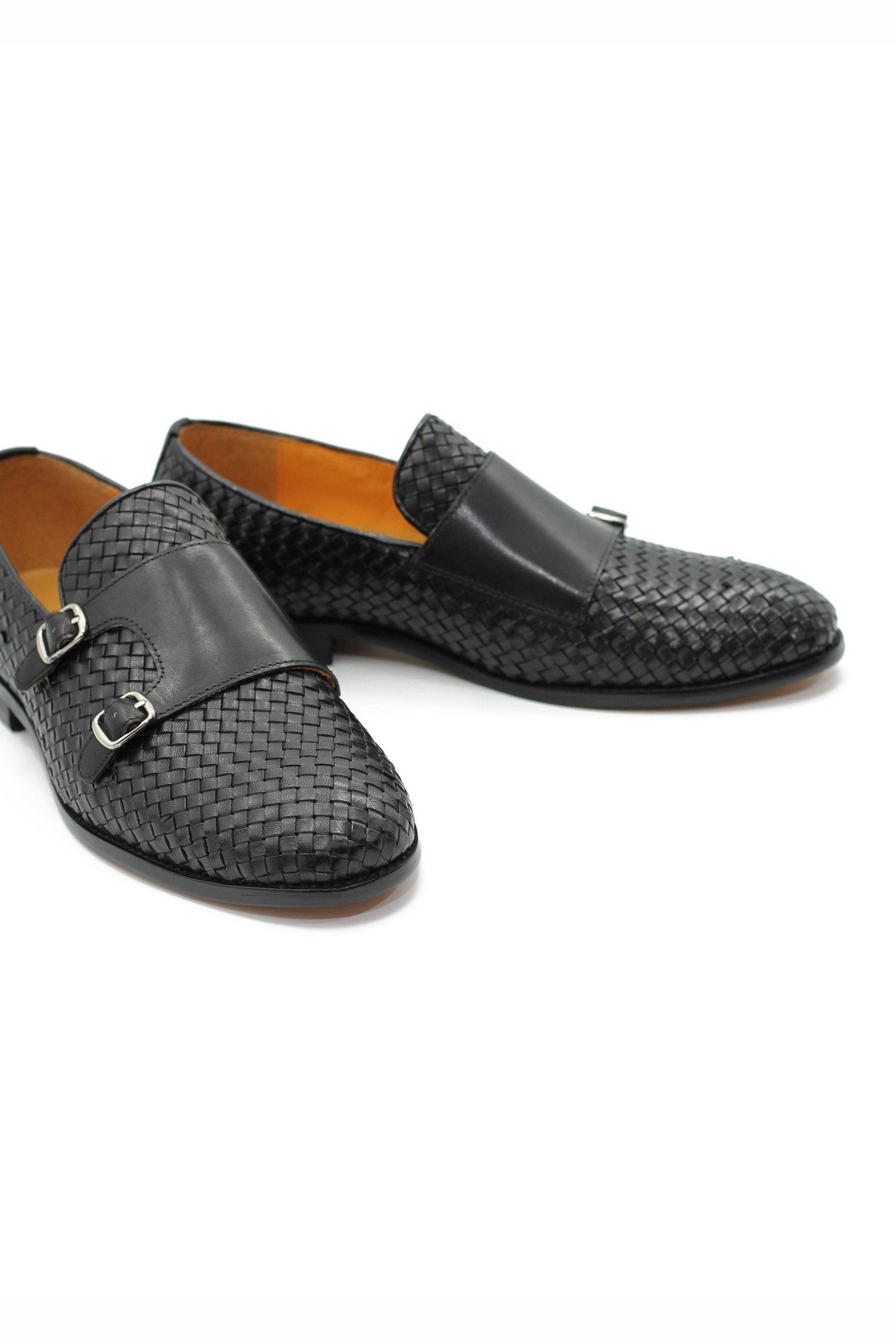 BLACK WOVEN LEATHER DOUBLE MONK SHOES