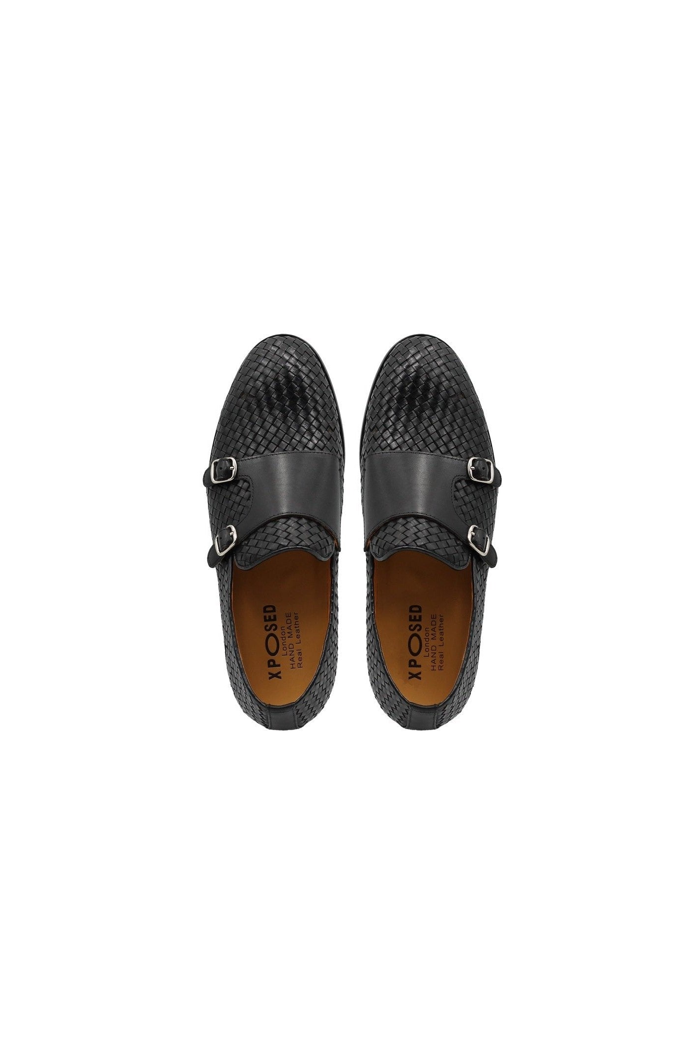 BLACK WOVEN LEATHER DOUBLE MONK SHOES