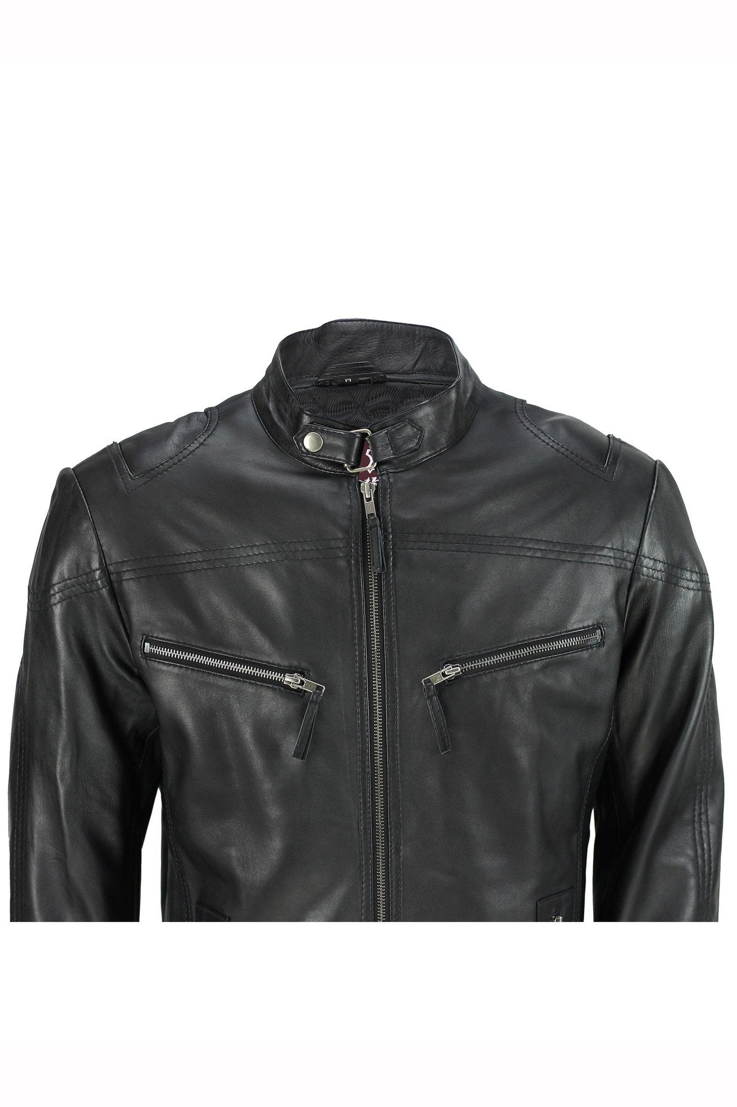 Mens Vintage Real Leather Black Biker Style Zipped Pockets Casual Fitted Jacket