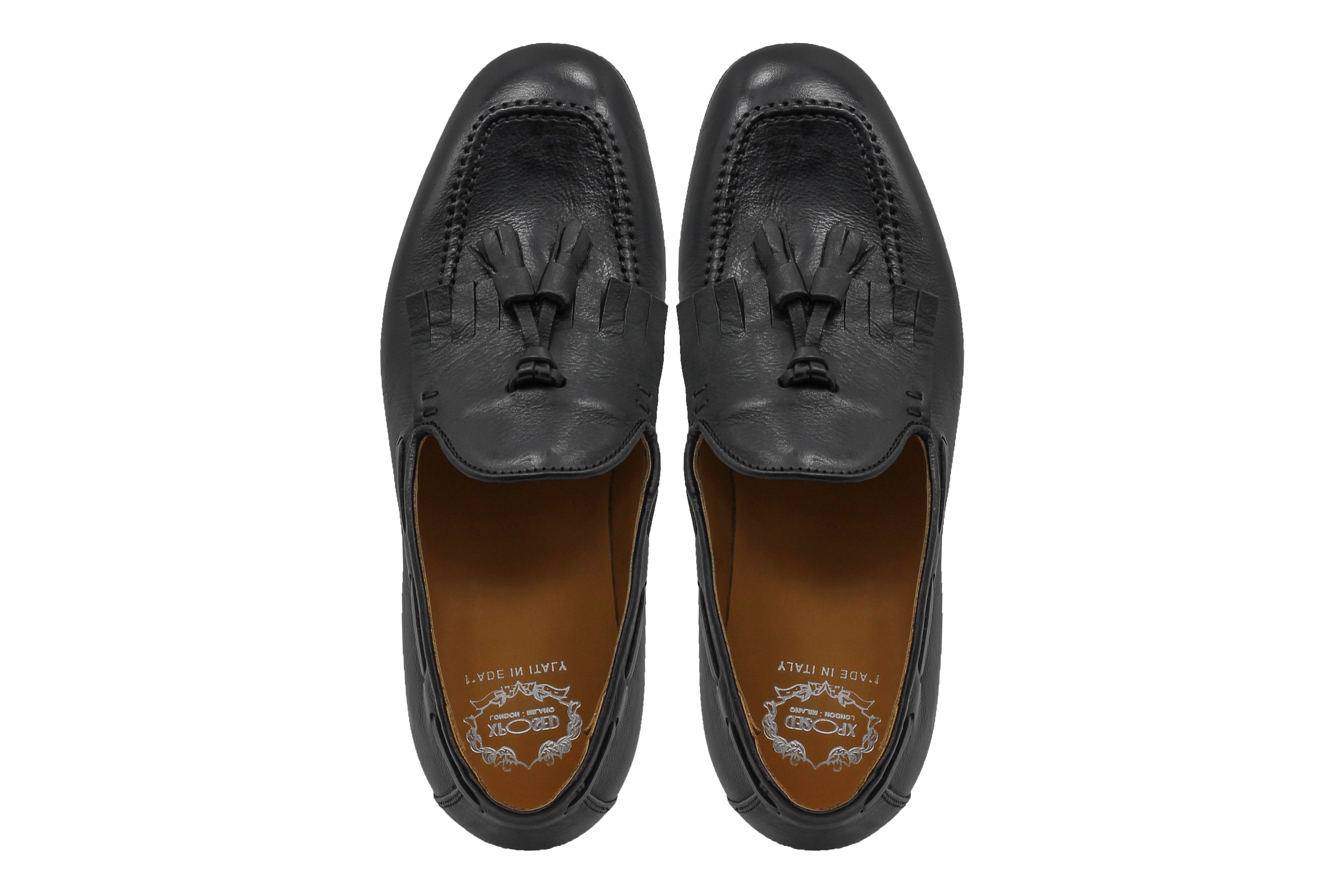 BLACK ITALIAN LEATHER COLLAPSIBLE KILTIE TASSEL LOAFER