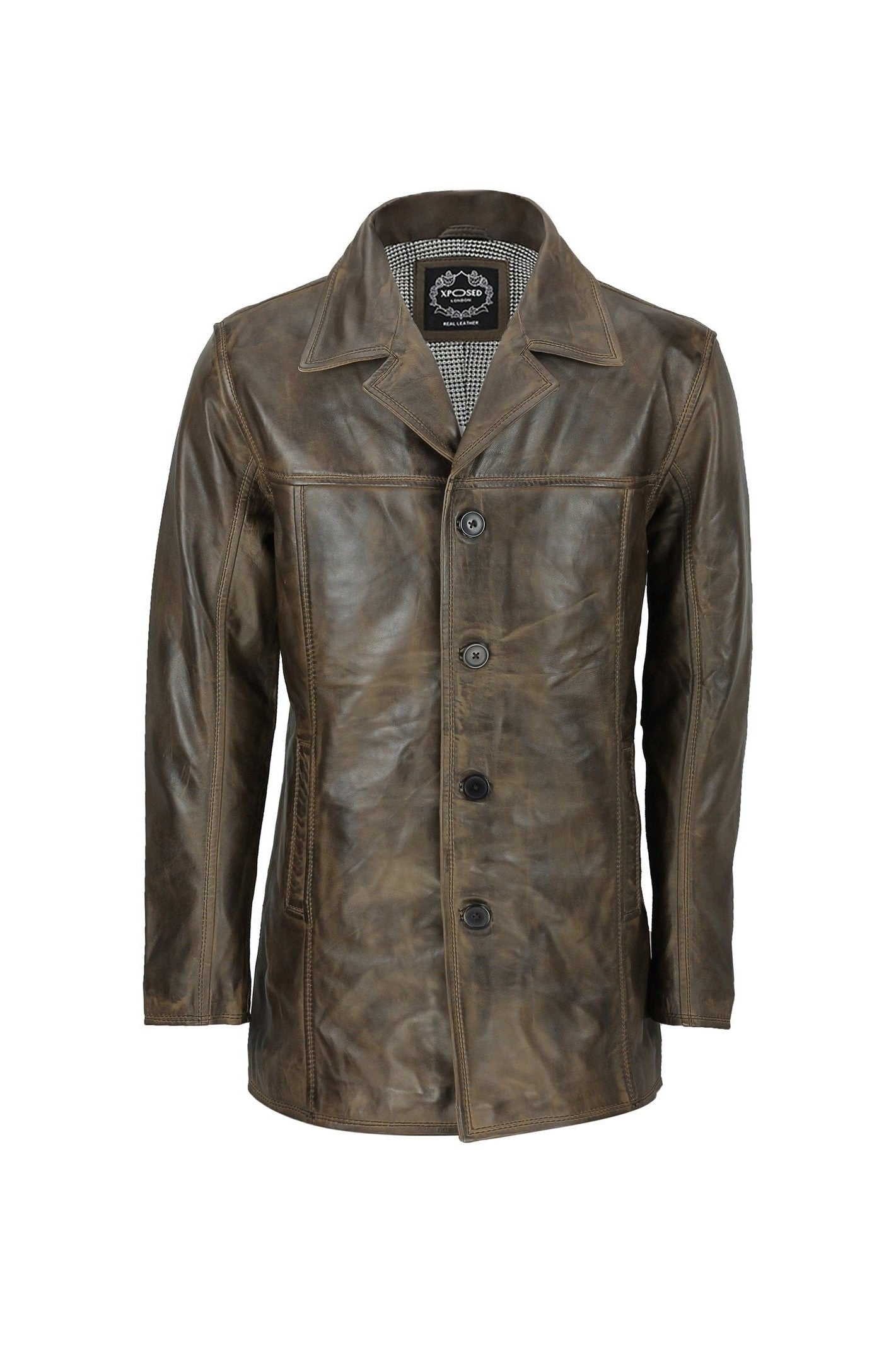 Mens Retro Style Real Leather Reefer Jacket Mid Length Coat in Antiqued Brown