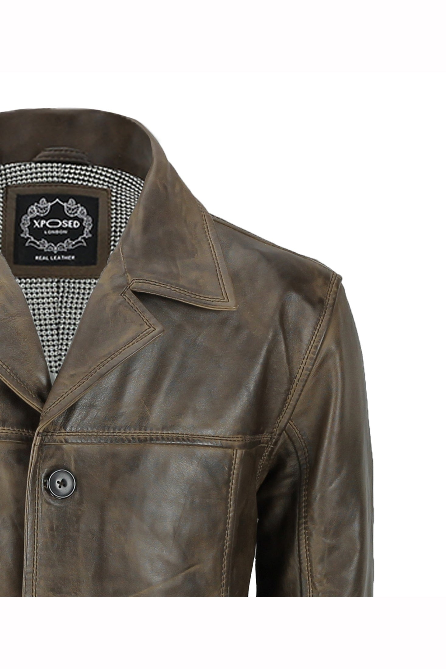 Mens Retro Style Real Leather Reefer Jacket Mid Length Coat in Antiqued Brown