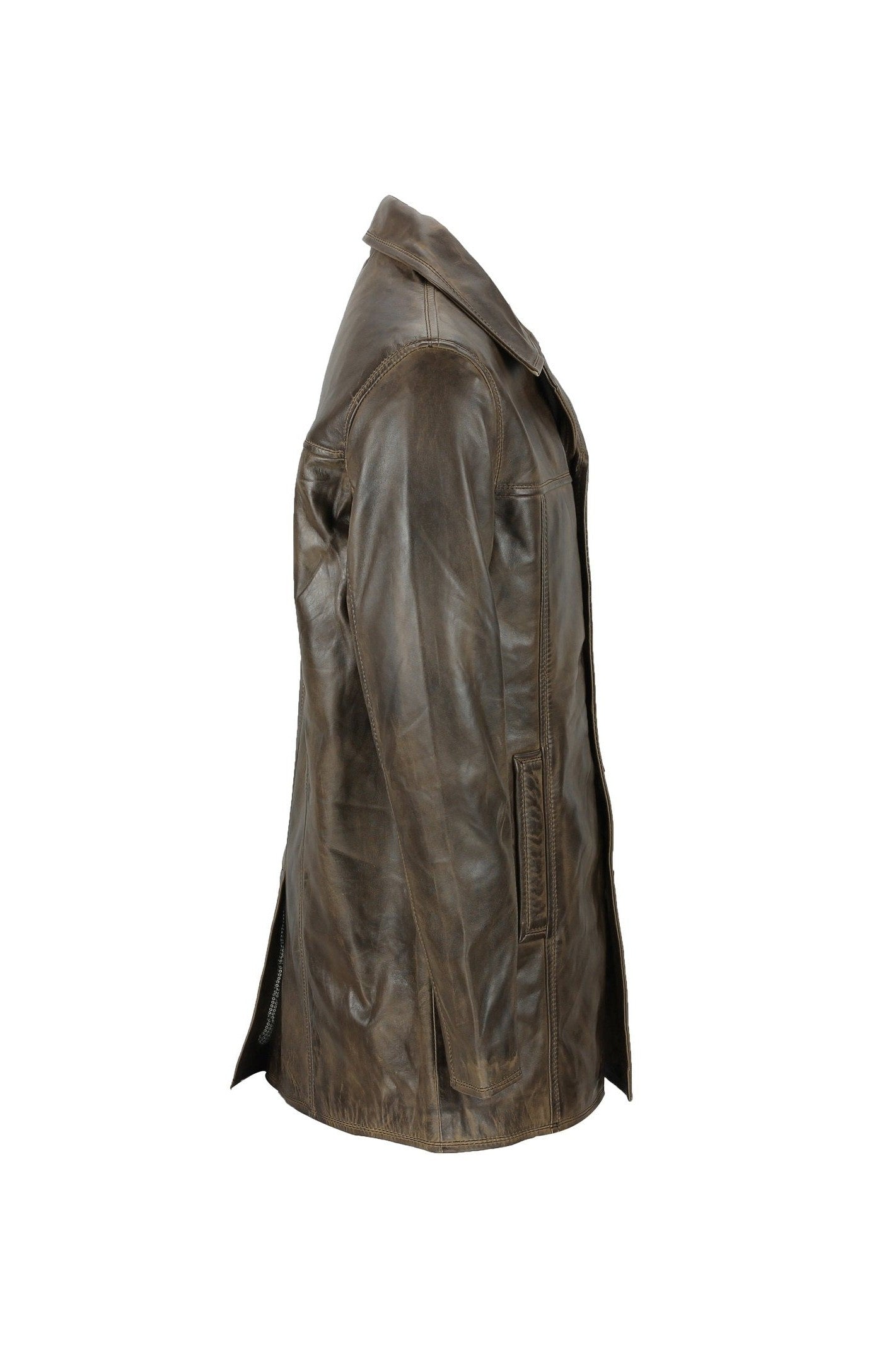 Mens Retro Style Real Leather Reefer Jacket Mid Length Coat in Antiqued Brown
