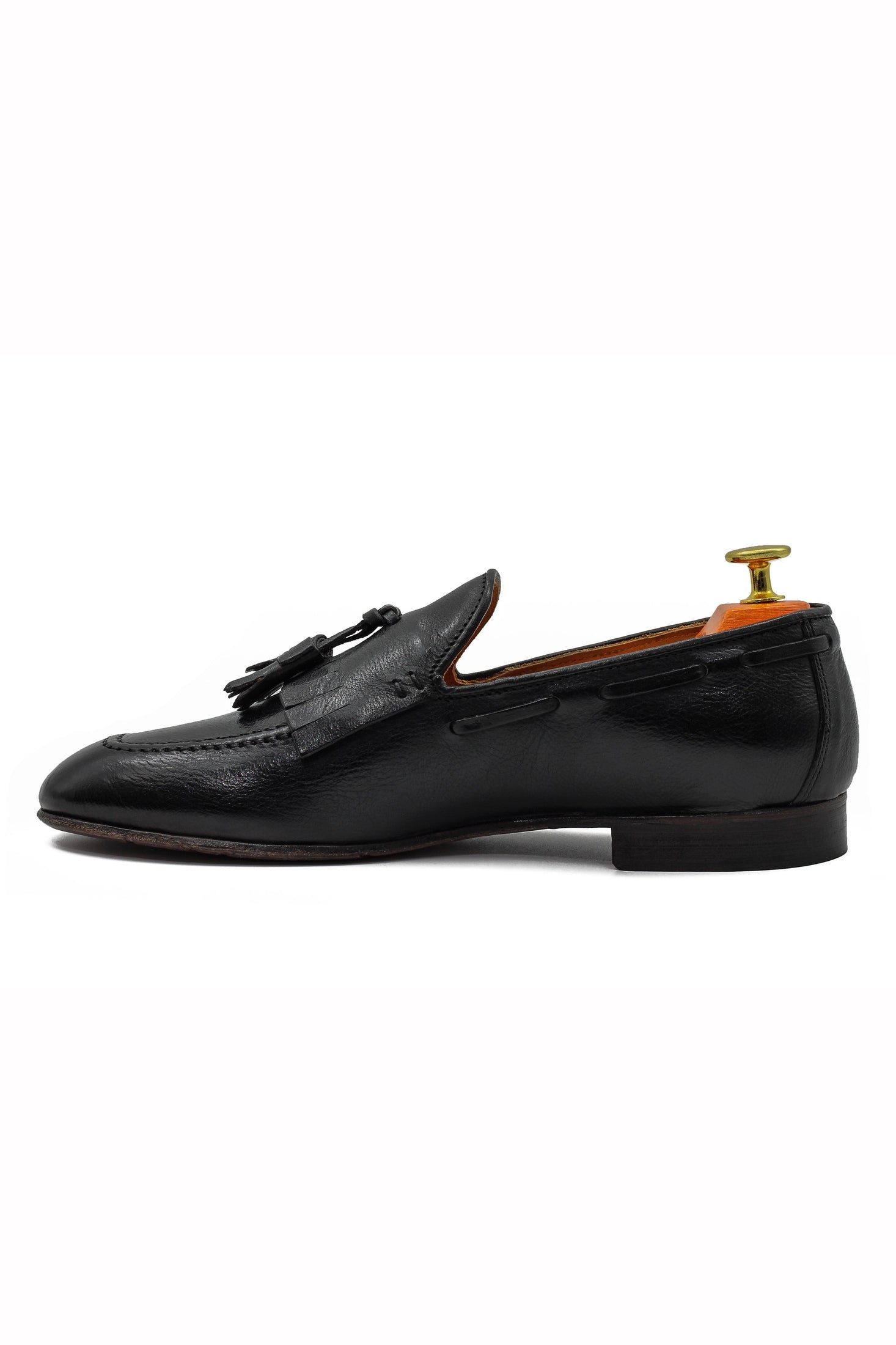 BLACK ITALIAN LEATHER COLLAPSIBLE KILTIE TASSEL LOAFER