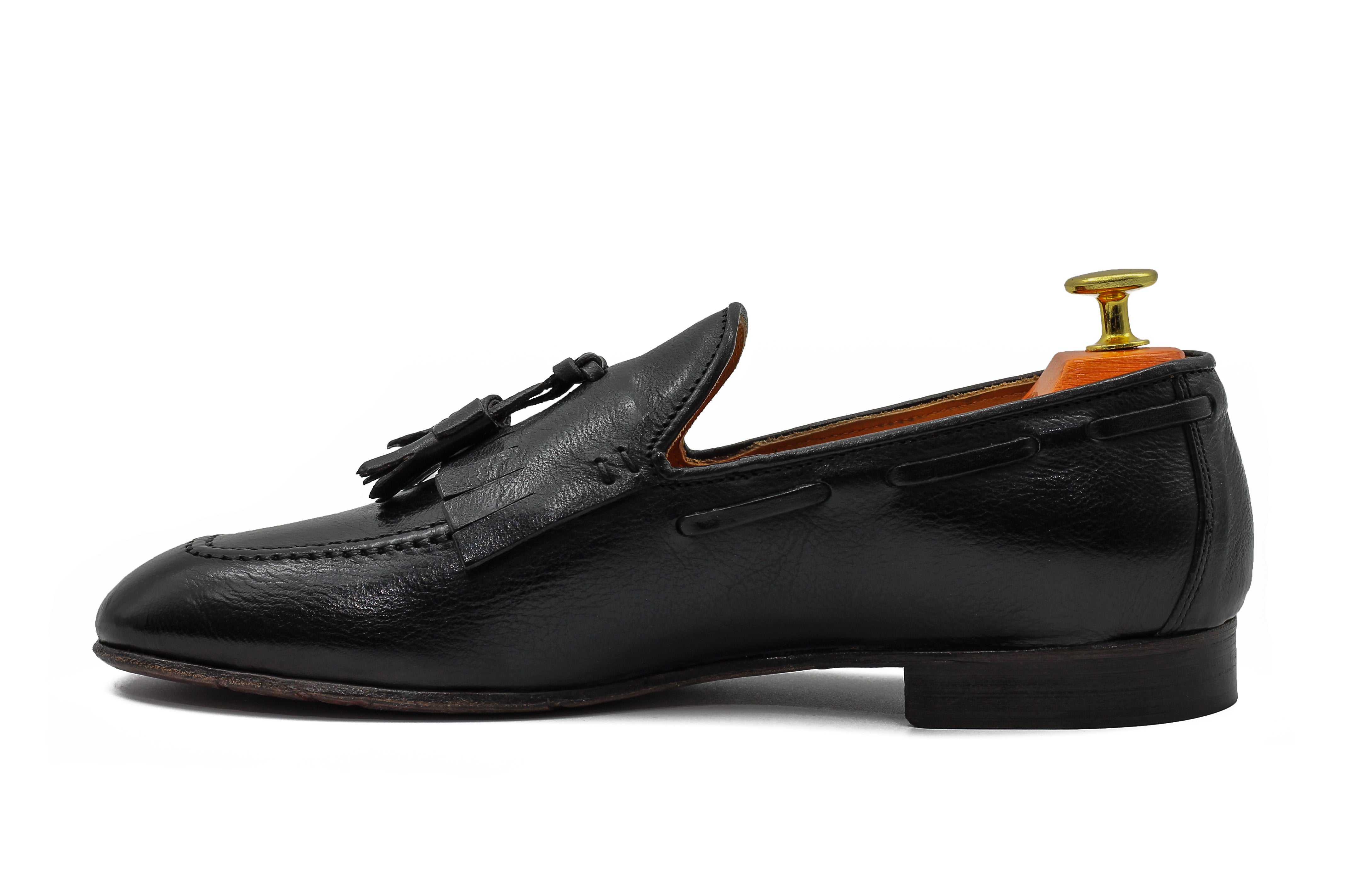 BLACK ITALIAN LEATHER COLLAPSIBLE KILTIE TASSEL LOAFER