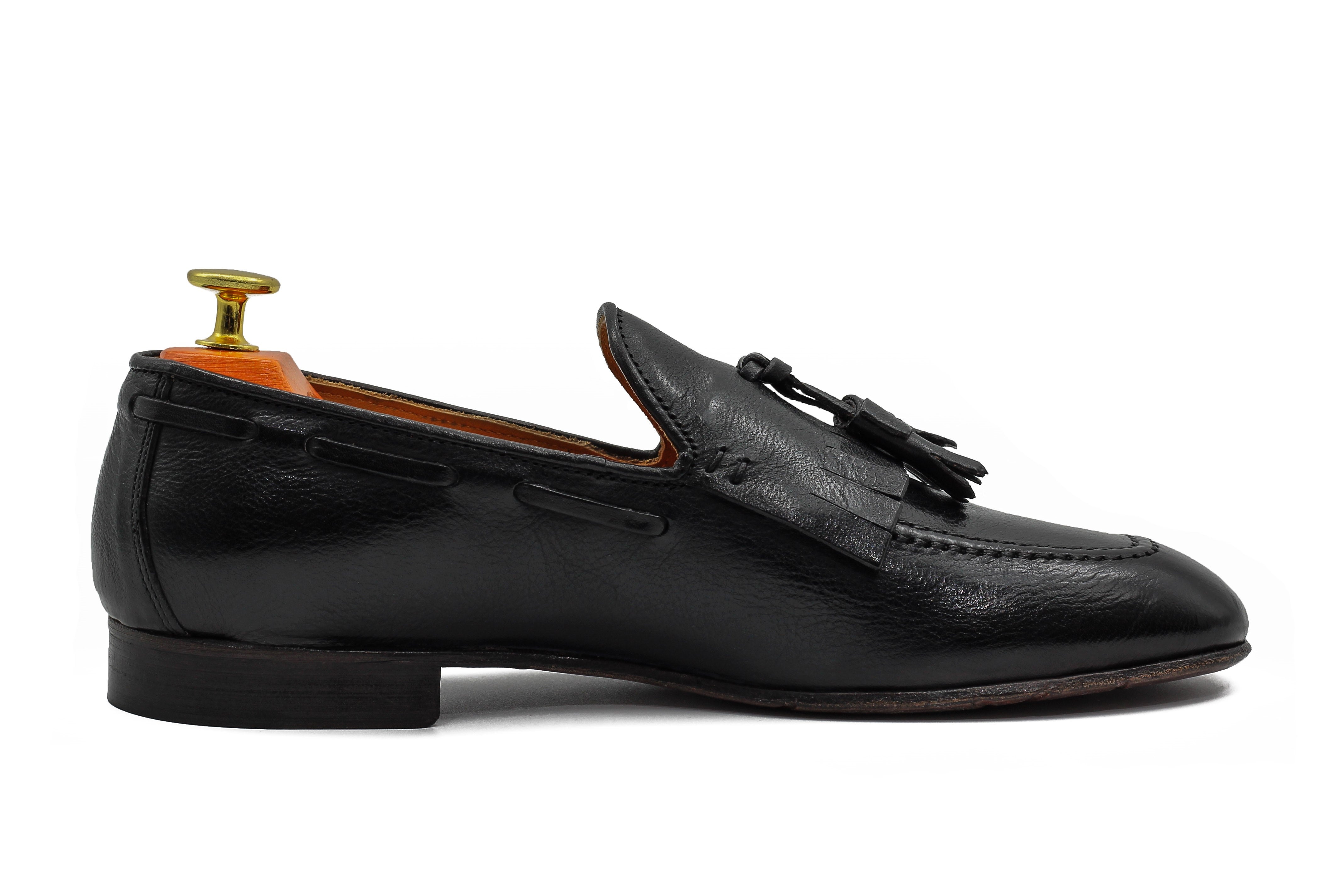 BLACK ITALIAN LEATHER COLLAPSIBLE KILTIE TASSEL LOAFER