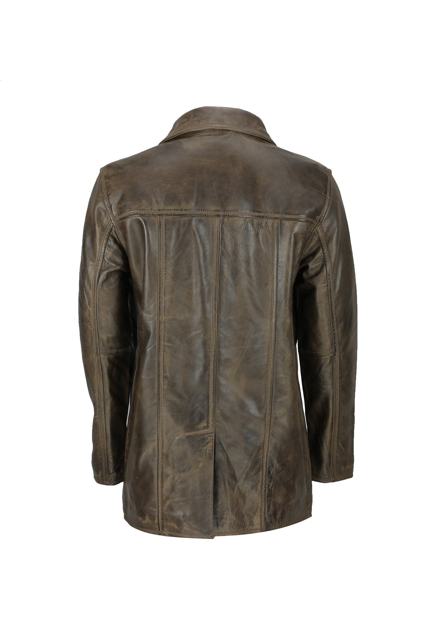 Mens Retro Style Real Leather Reefer Jacket Mid Length Coat in Antiqued Brown