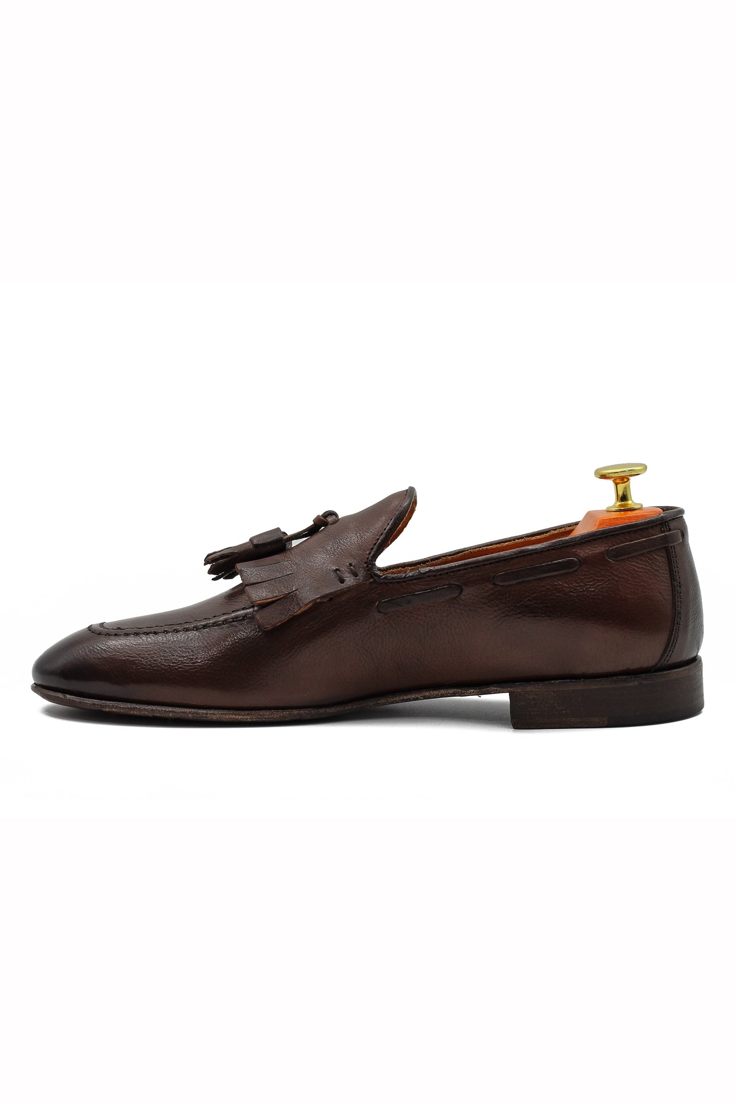BROWN ITALIAN LEATHER COLLAPSIBLE KILTIE TASSEL LOAFER