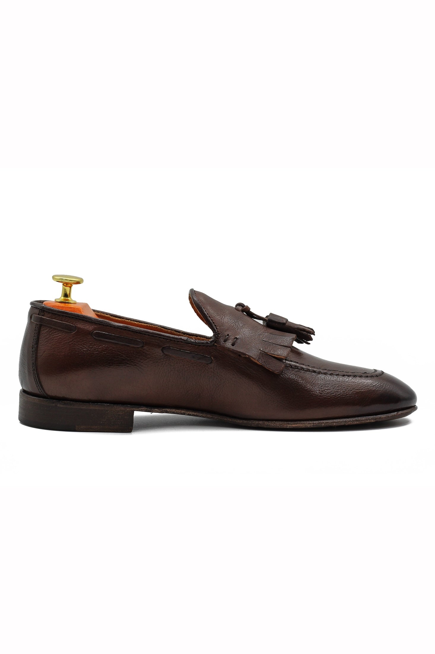 BROWN ITALIAN LEATHER COLLAPSIBLE KILTIE TASSEL LOAFER