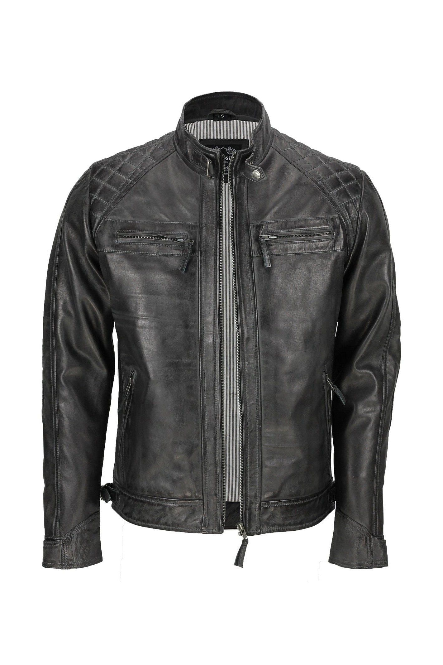New Mens Real Leather Washed Dark Grey Vintage Zipped Smart Casual Biker Jacket