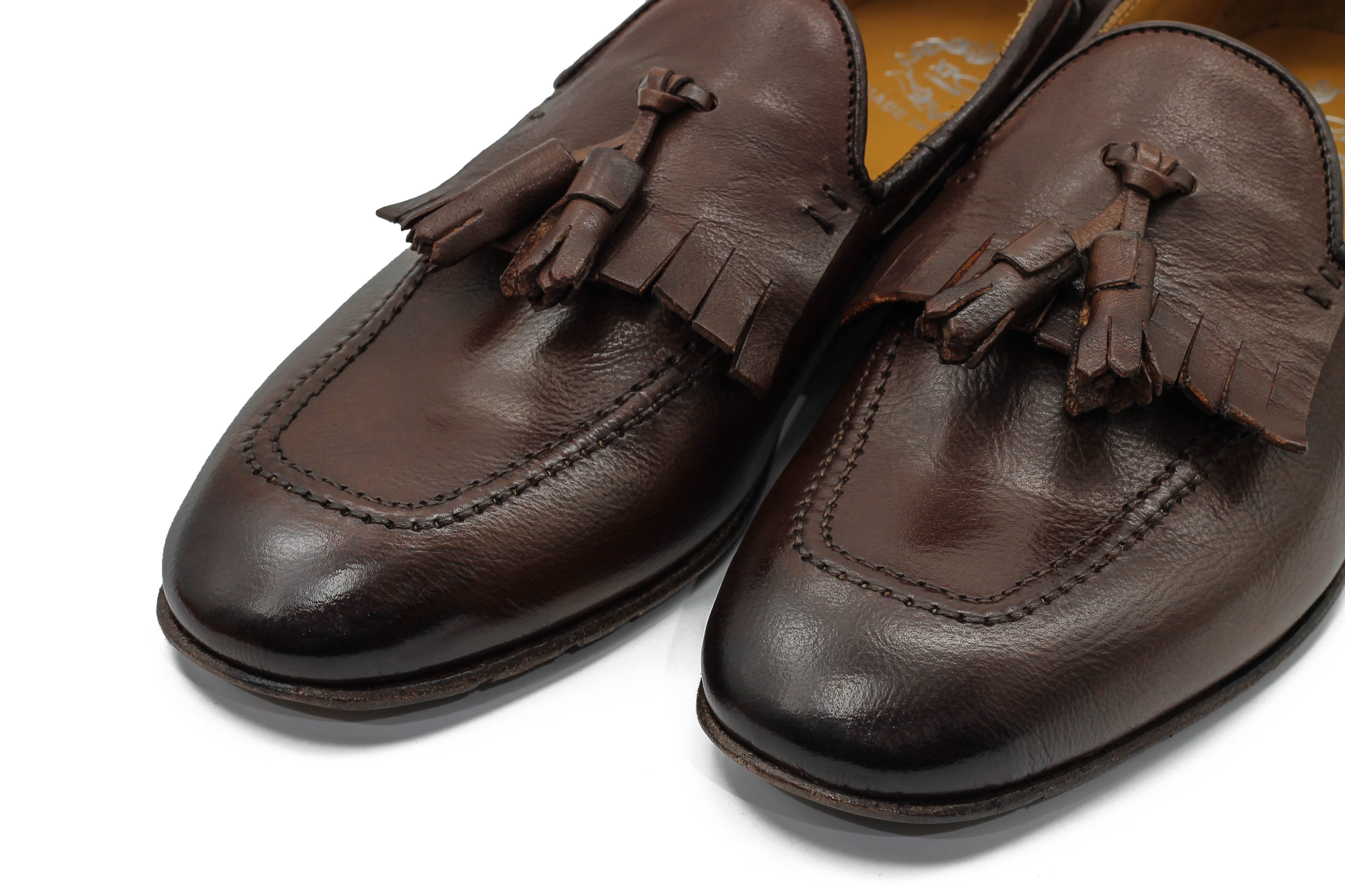 BROWN ITALIAN LEATHER COLLAPSIBLE KILTIE TASSEL LOAFER