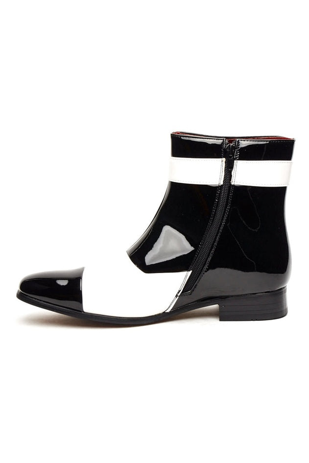 PATENT BLACK & WHITE ZIP GATSBY BOOTS