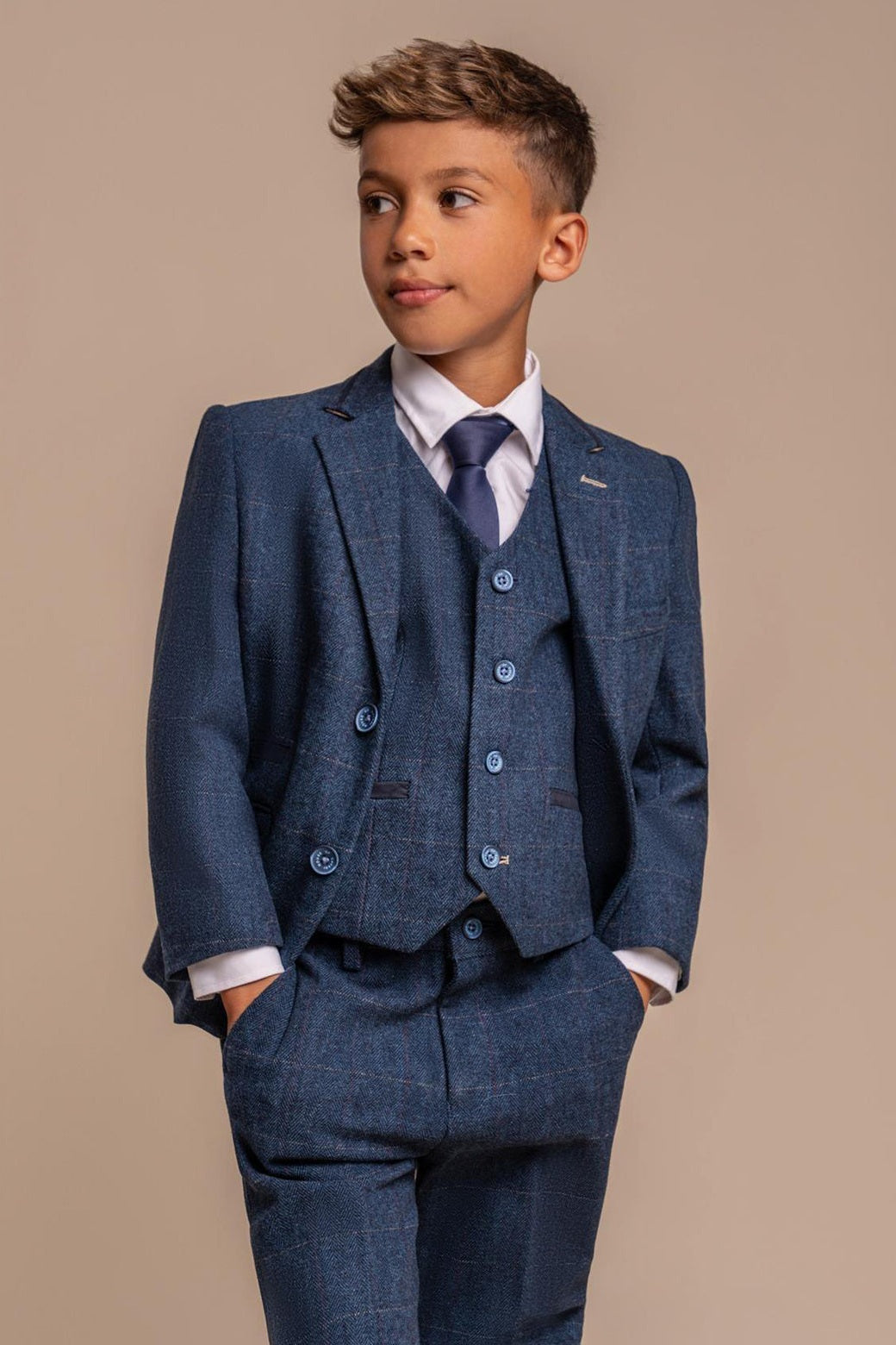CARNEGI – BLUE TWEED CHECK BOYS 3 PIECE SUIT CAVANI