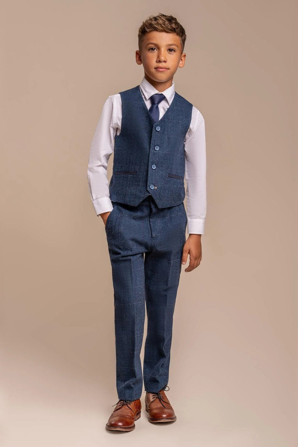 CARNEGI – BLUE TWEED CHECK BOYS 3 PIECE SUIT CAVANI
