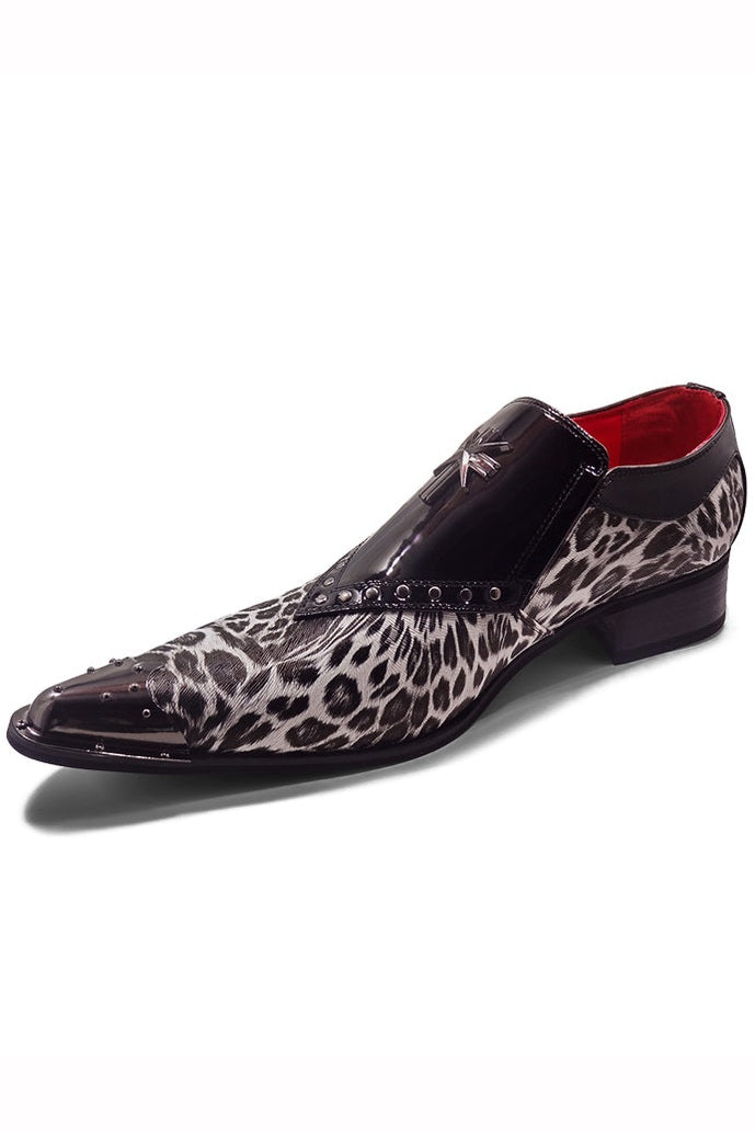 BLACK PATENT LEOPARD PRINT LOAFER METAL TOE CAP