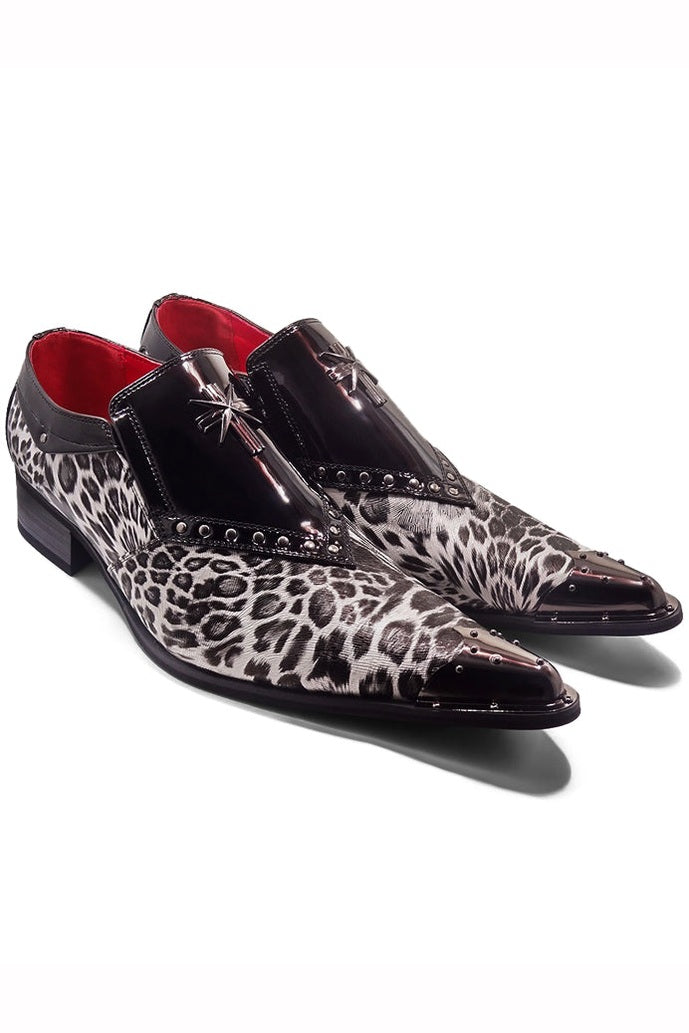 BLACK PATENT LEOPARD PRINT LOAFER METAL TOE CAP
