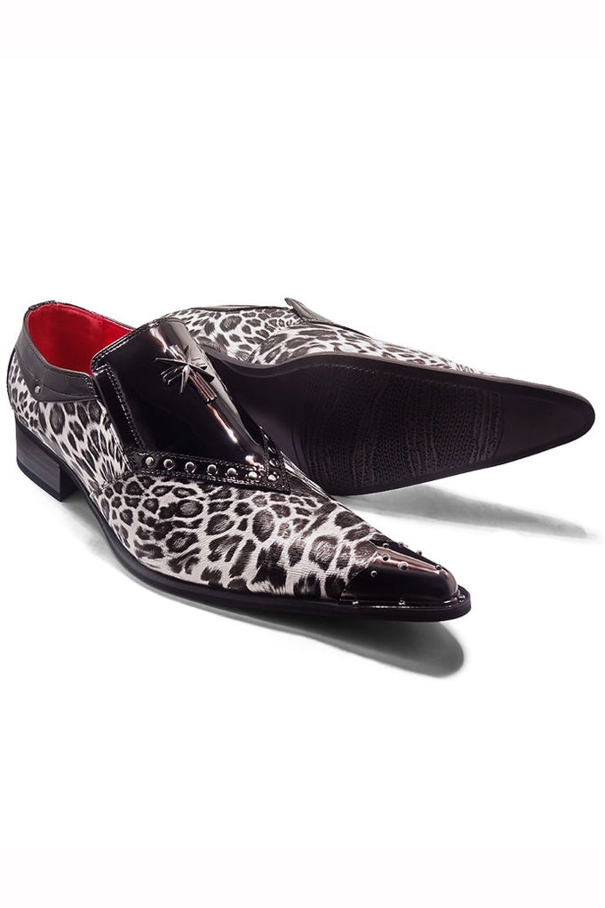 BLACK PATENT LEOPARD PRINT LOAFER METAL TOE CAP