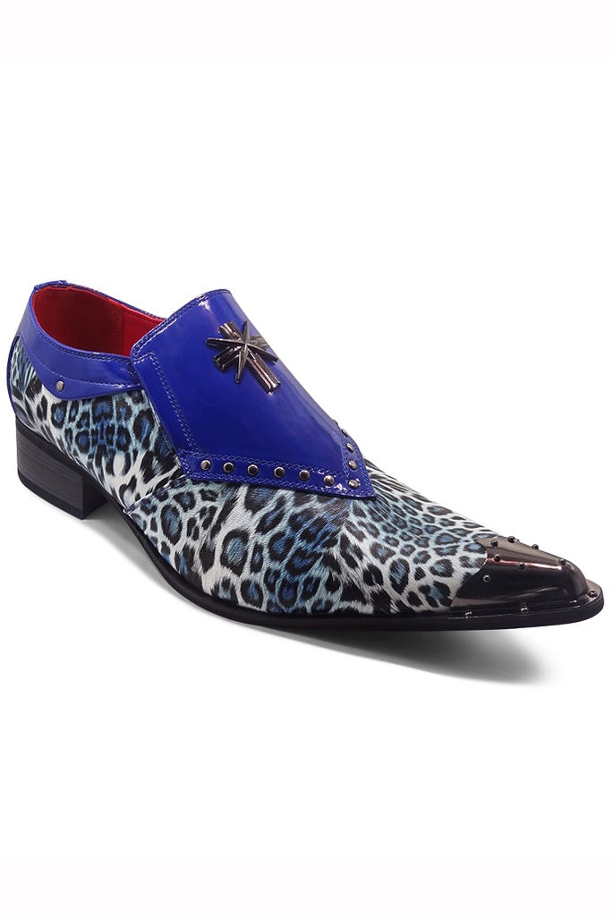 NAVY PATENT LEOPARD PRINT LOAFER METAL TOE CAP