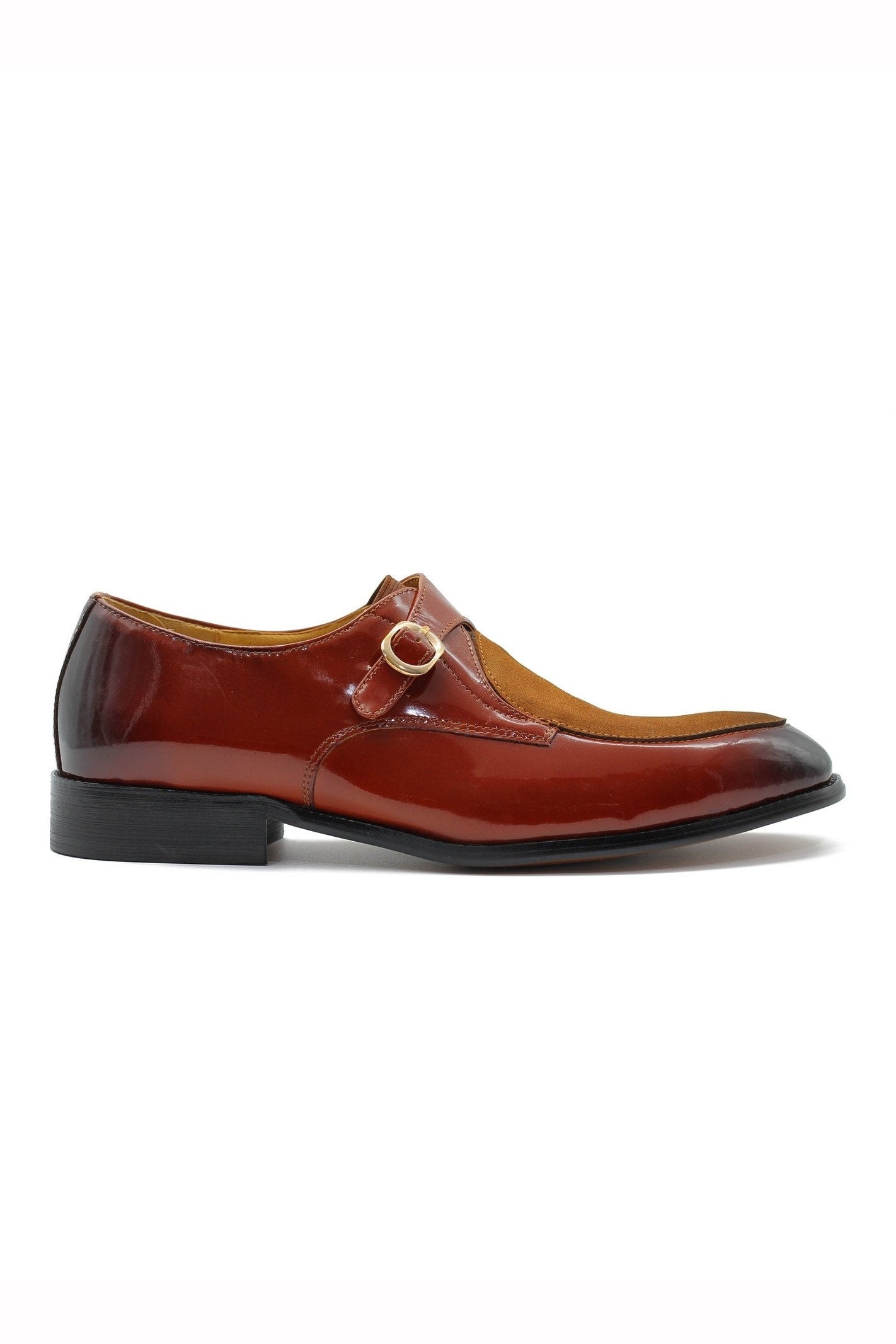 BROWN PATENT LEATHER & SUEDE SINGLE MONK SHOES
