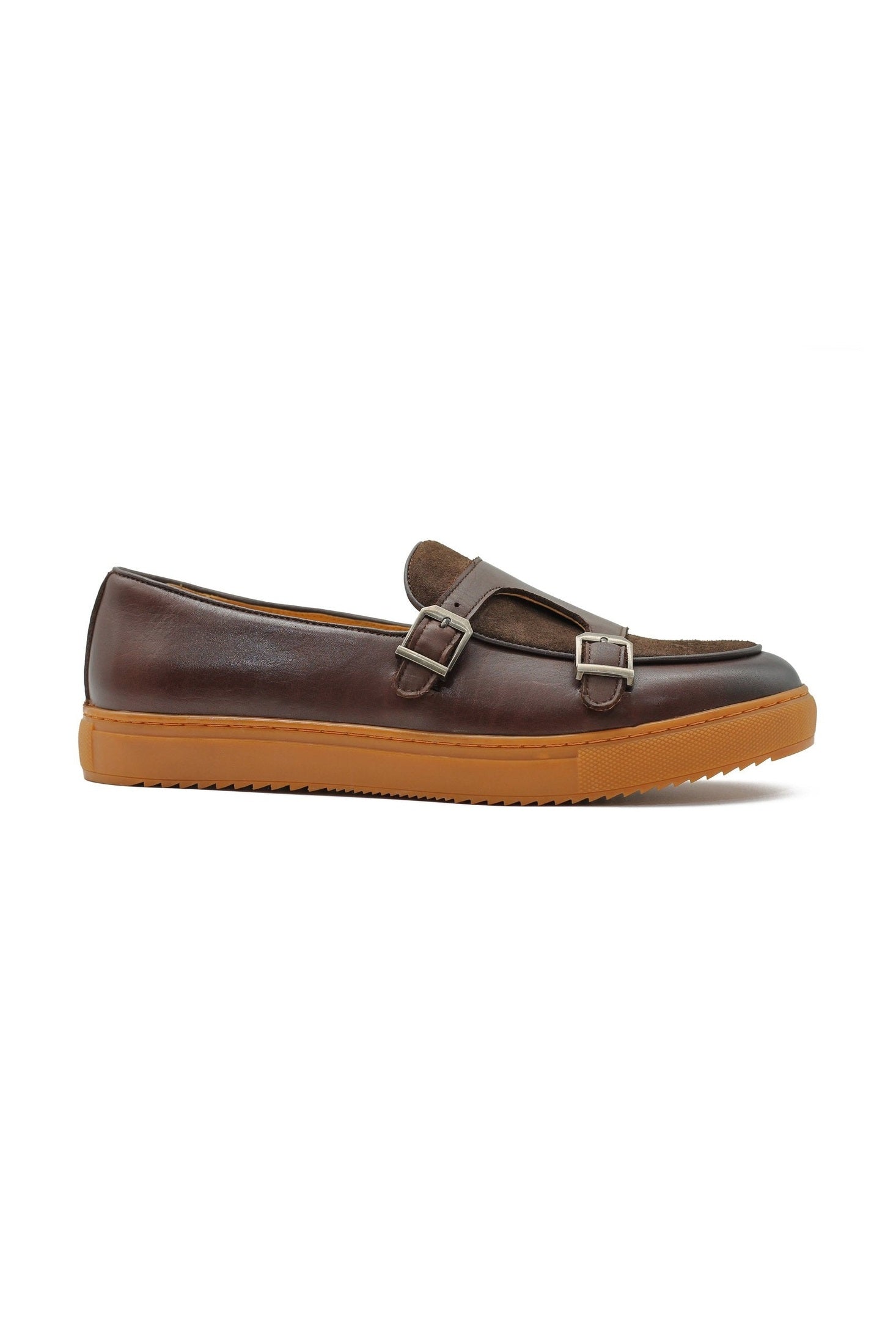 BROWN LEATHER & SUEDE DOUBLE MONK SNEAKERS