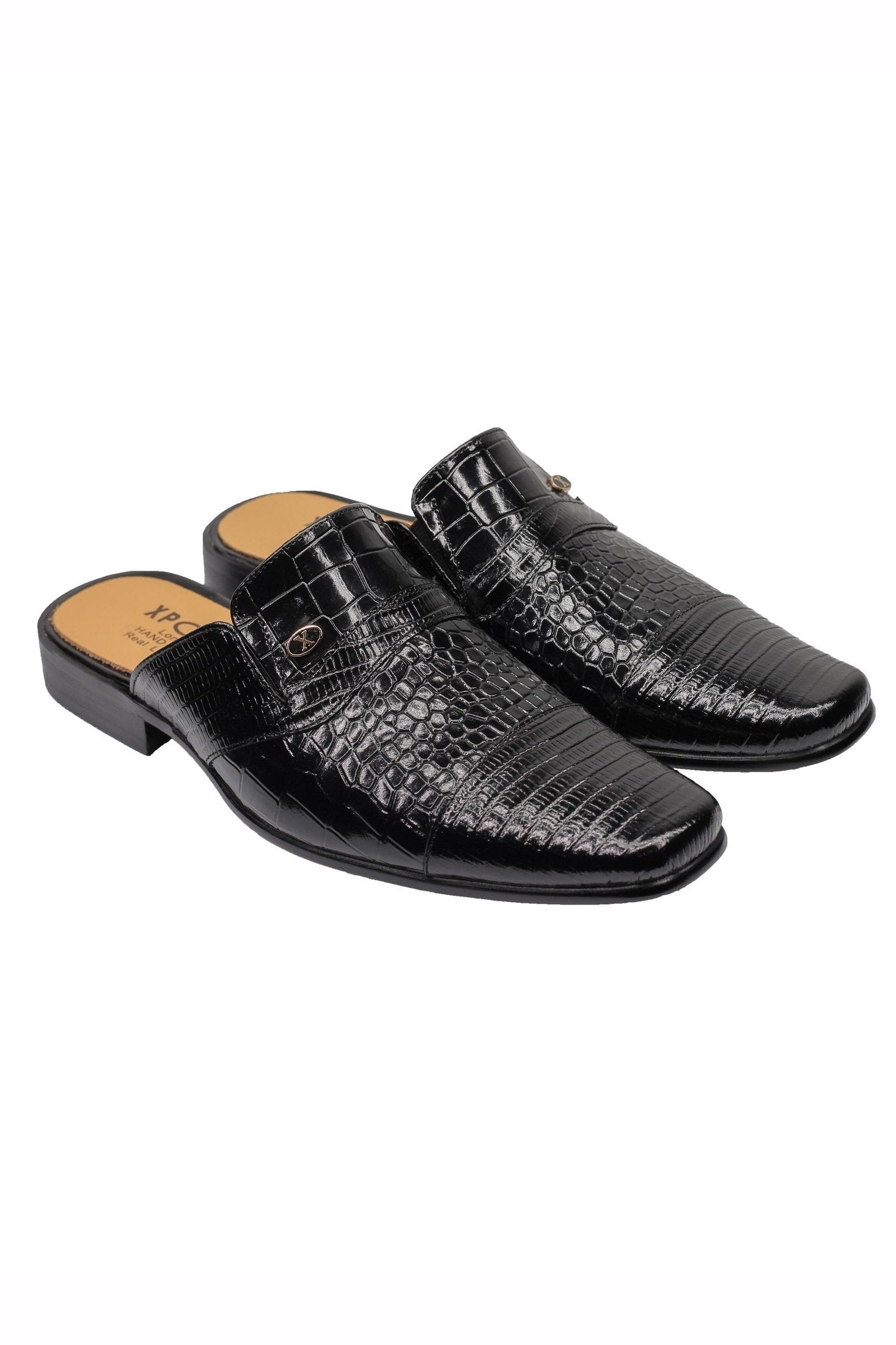 REAL LEATHER BLACK PRINTED HALF SHOE