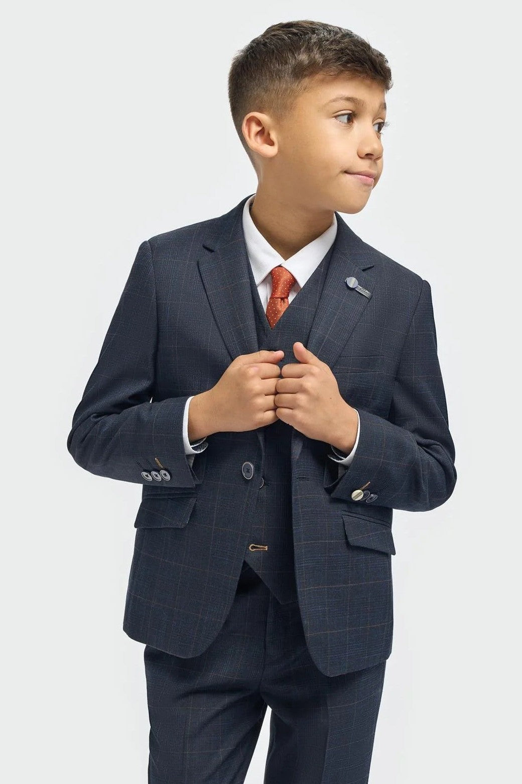 House of Cavani – Boys Navy Blue 3 Piece Suit Windowpane Check Torini CAVANI