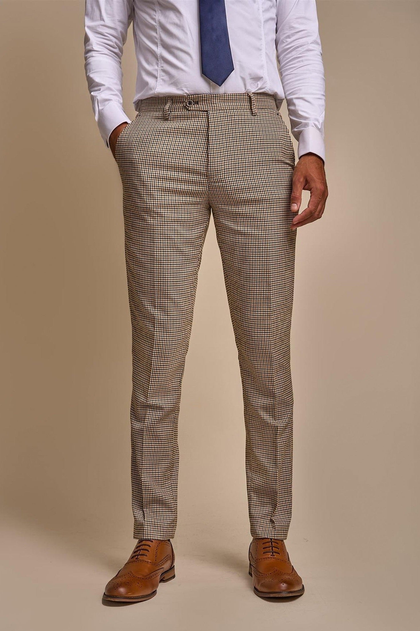 MENS ELWOOD HOUNDSTOOTH TAN THREE PIECE SUIT CAVANI