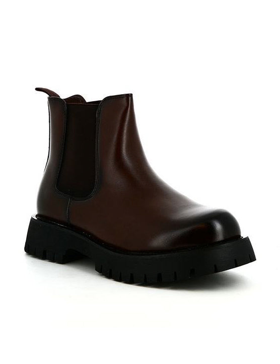 Brown Faux Leather Chelsea Boots Chunky Cleated Sole