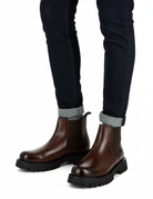 Brown Faux Leather Chelsea Boots Chunky Cleated Sole