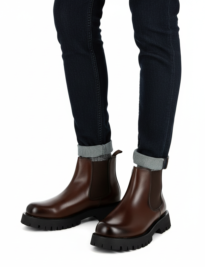 Brown Faux Leather Chelsea Boots Chunky Cleated Sole