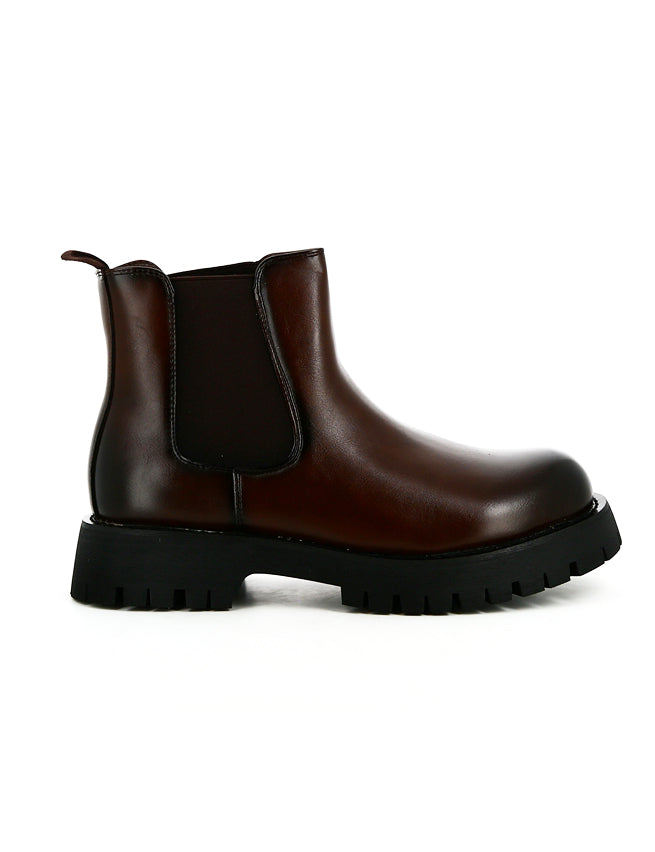 Brown Faux Leather Chelsea Boots Chunky Cleated Sole