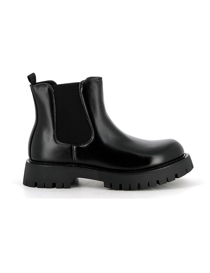Black Faux Leather Chelsea Boots Chunky Cleated Sole