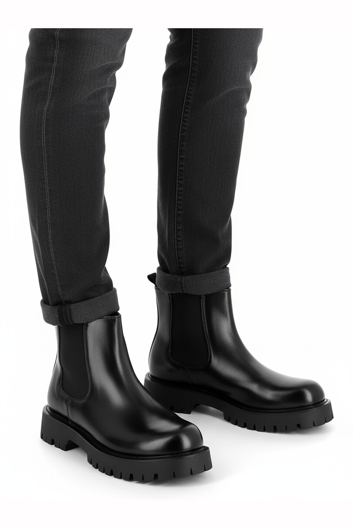 Black Faux Leather Chelsea Boots Chunky Cleated Sole