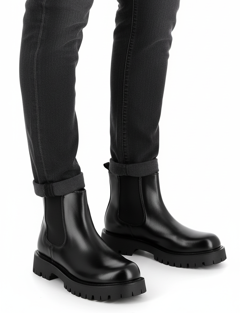 Black Faux Leather Chelsea Boots Chunky Cleated Sole