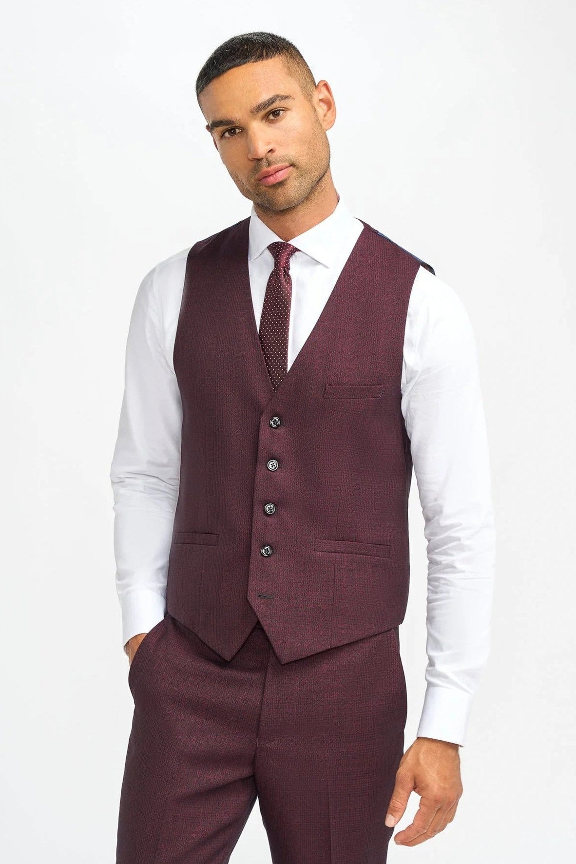 CARIDI MENS WINE 3 PIECE TAILORED CHECK SUIT CAVANI