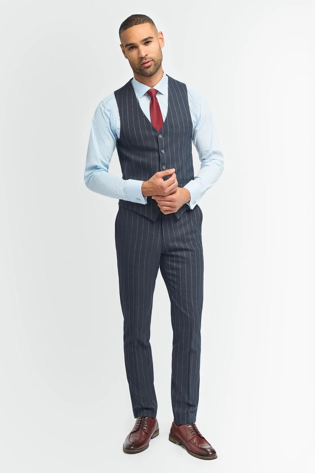 INVINCIBLE – NAVY 3 PIECE PINSTRIPE SUIT TAILORED FIT CAVANI
