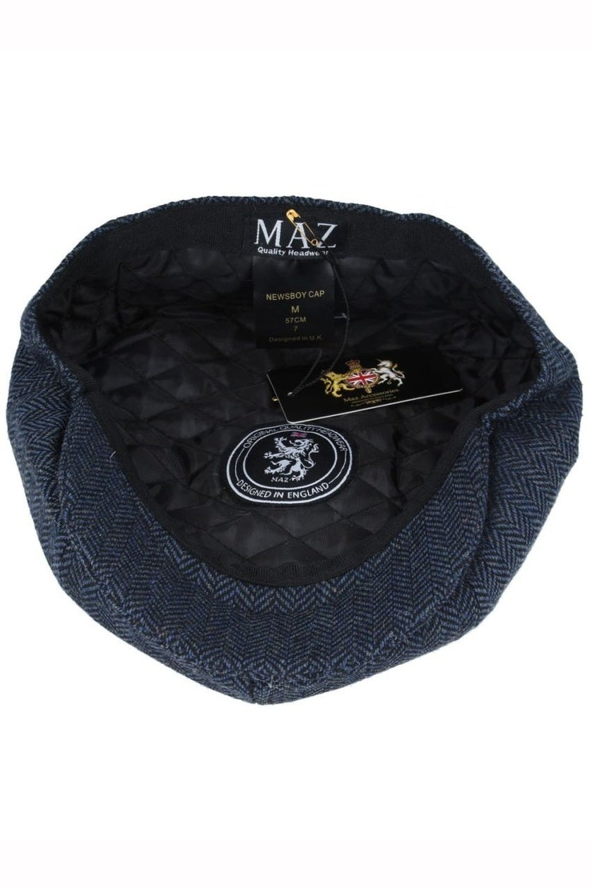 NAVY WOOL HERRINGBONE NEWSBOY FLAT CAP