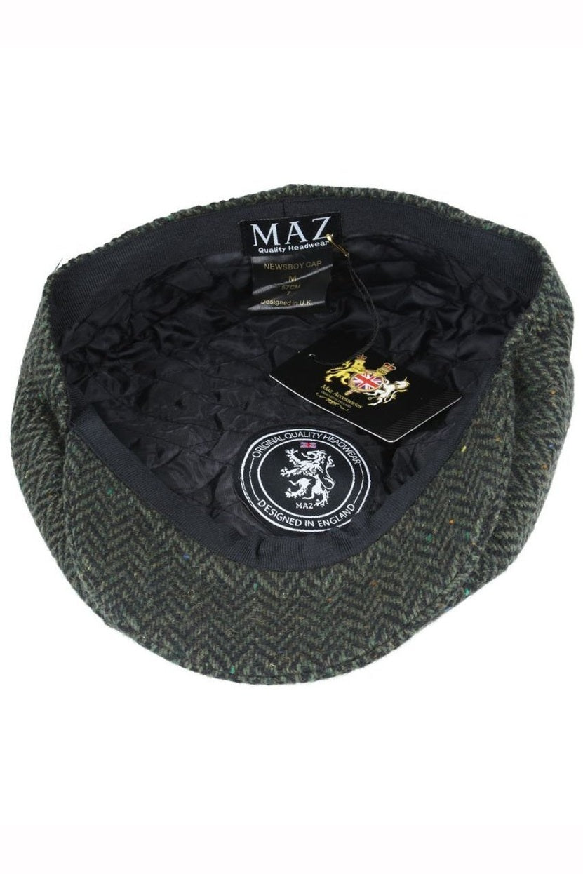 GREEN HERRINGBONE WOOL BLEND NEWSBOY FLAT CAP