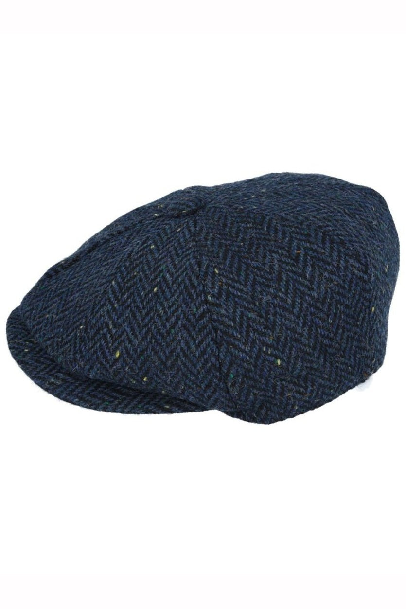 NAVY HERRINGBONE WOOL BLEND NEWSBOY FLAT CAP