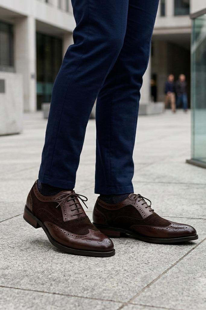 Lawson Men's Handmade Leather & Suede Wingtip Brogue Shoes – Brown Sartorial Shoes